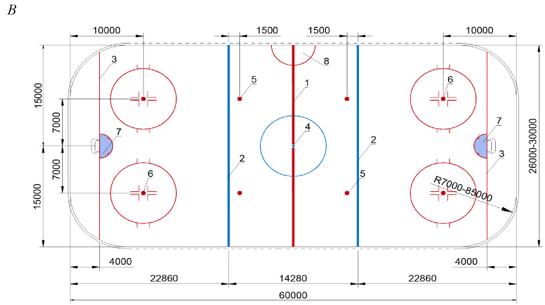 Размер хоккейной площадки в россии. Разметка хоккейного корта 60х30. Разметка хоккейной площадки 30-60 метров. Разметка хоккейной площадки 60х30. Габариты хоккейной площадки.